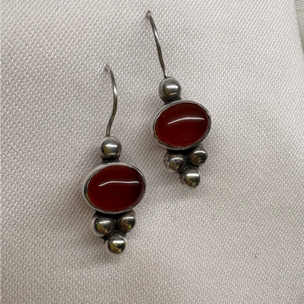 925 Sterling Silver Carnelian Drop Earrings Red Stone French Hook - Picture 2 of 5